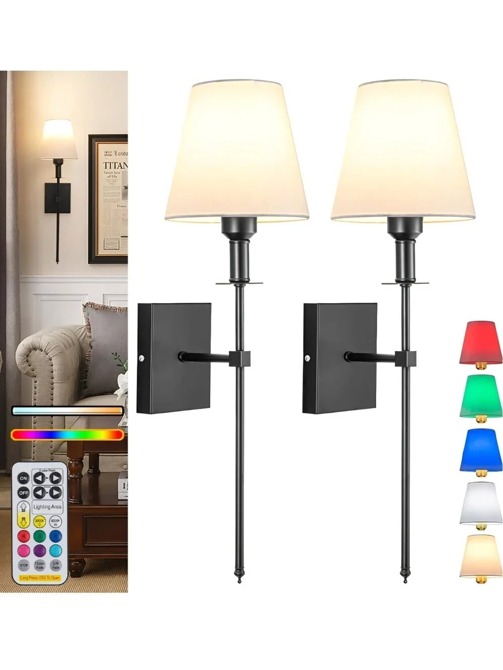 Battery Operated Wall Sconces Set of 2 Remote Control Dimmable‎ Black 25 in New